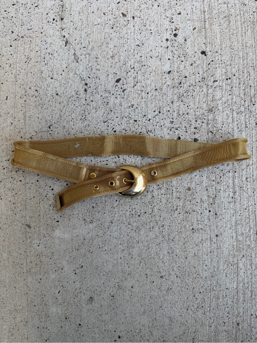 Vintage 80s Gold Metal Mesh Belt Crescent Moon Buckle Disco Waist Chain S/M